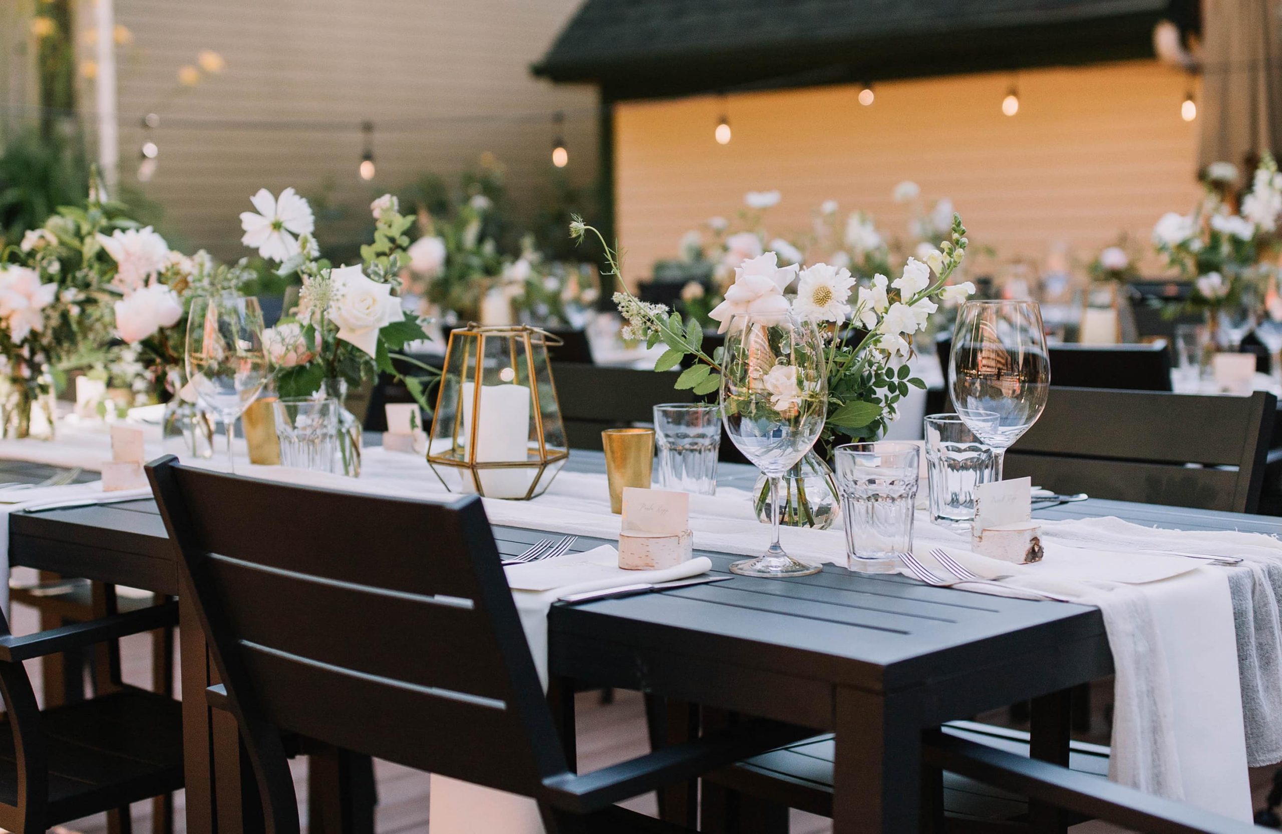 Beautiful modern table at romantic indoor and outdoor NH wedding venue